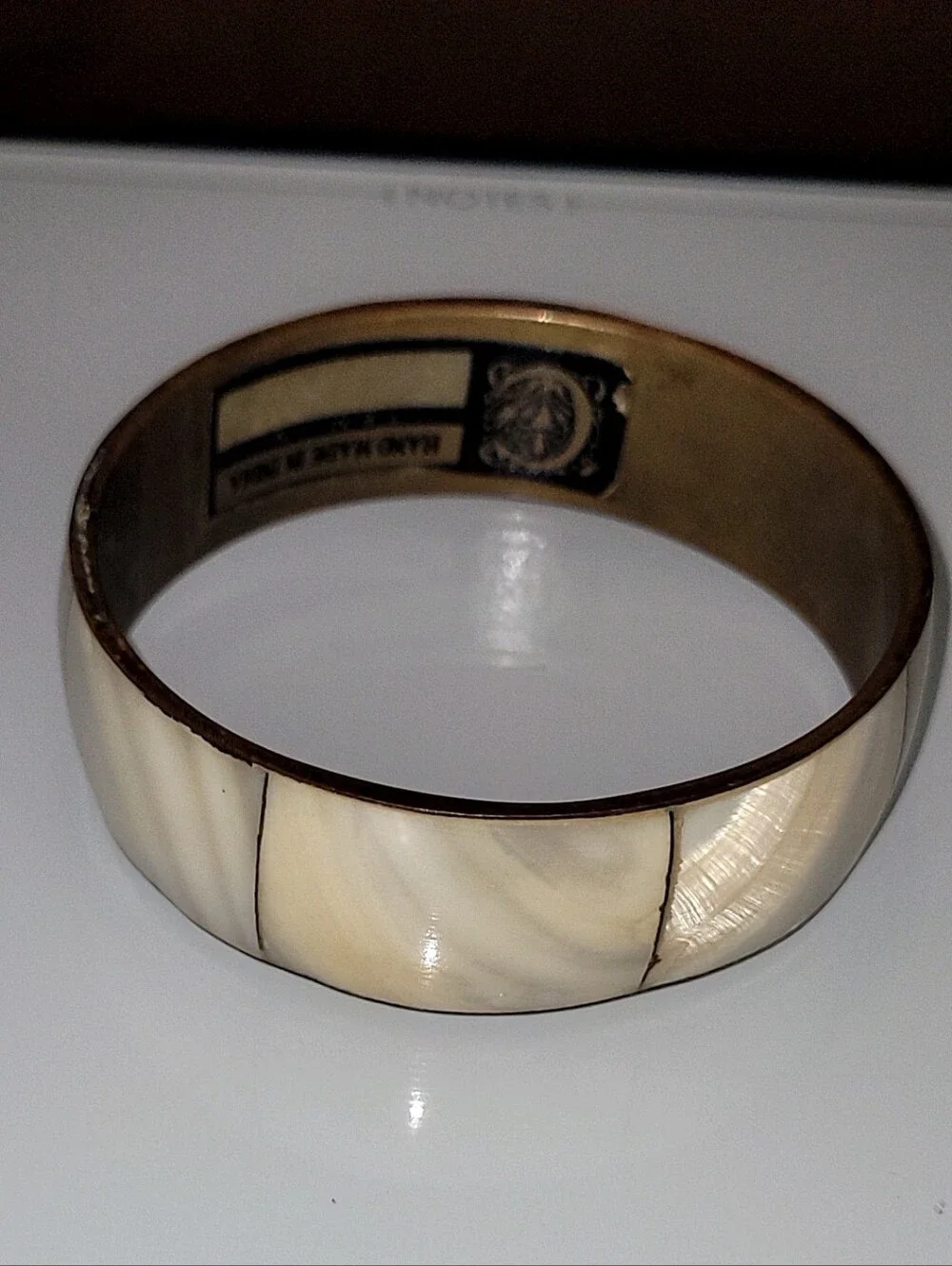 Vintage Handmade Brass Mother of Pearl Wide Bangle Bracelet 7.5